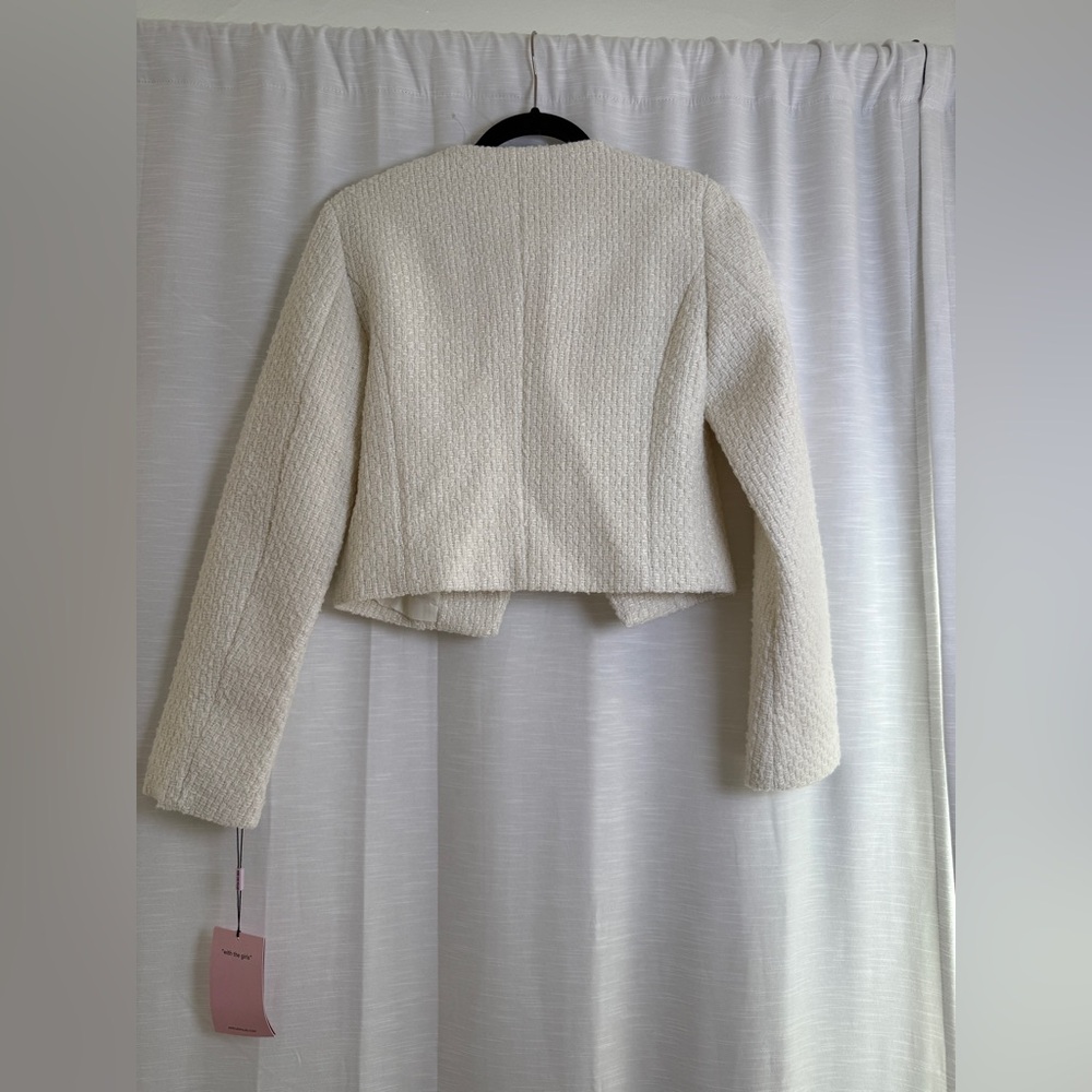 Avec Les Filles Cream Tweed Jacket Bow Detail Cropped Blazer | NWT Size XS - Picture 13 of 16